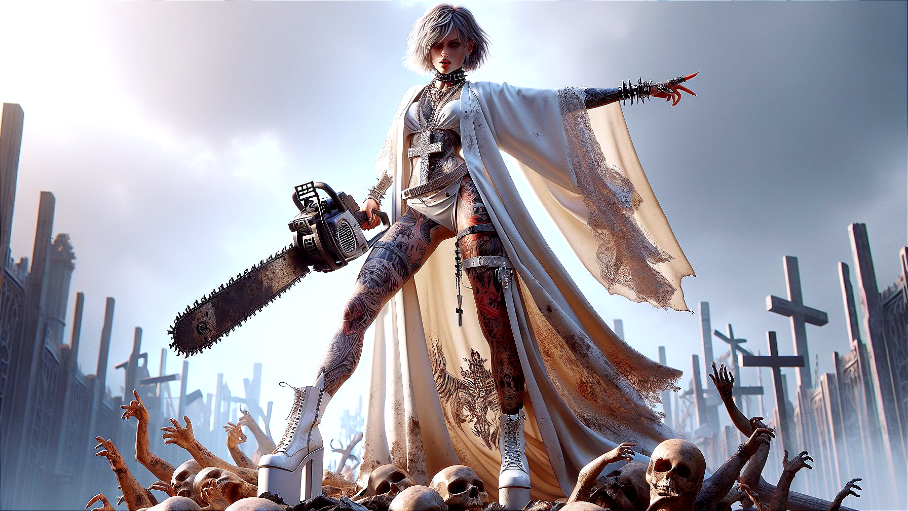 Character in Cloak with Chainsaw on Skeletons