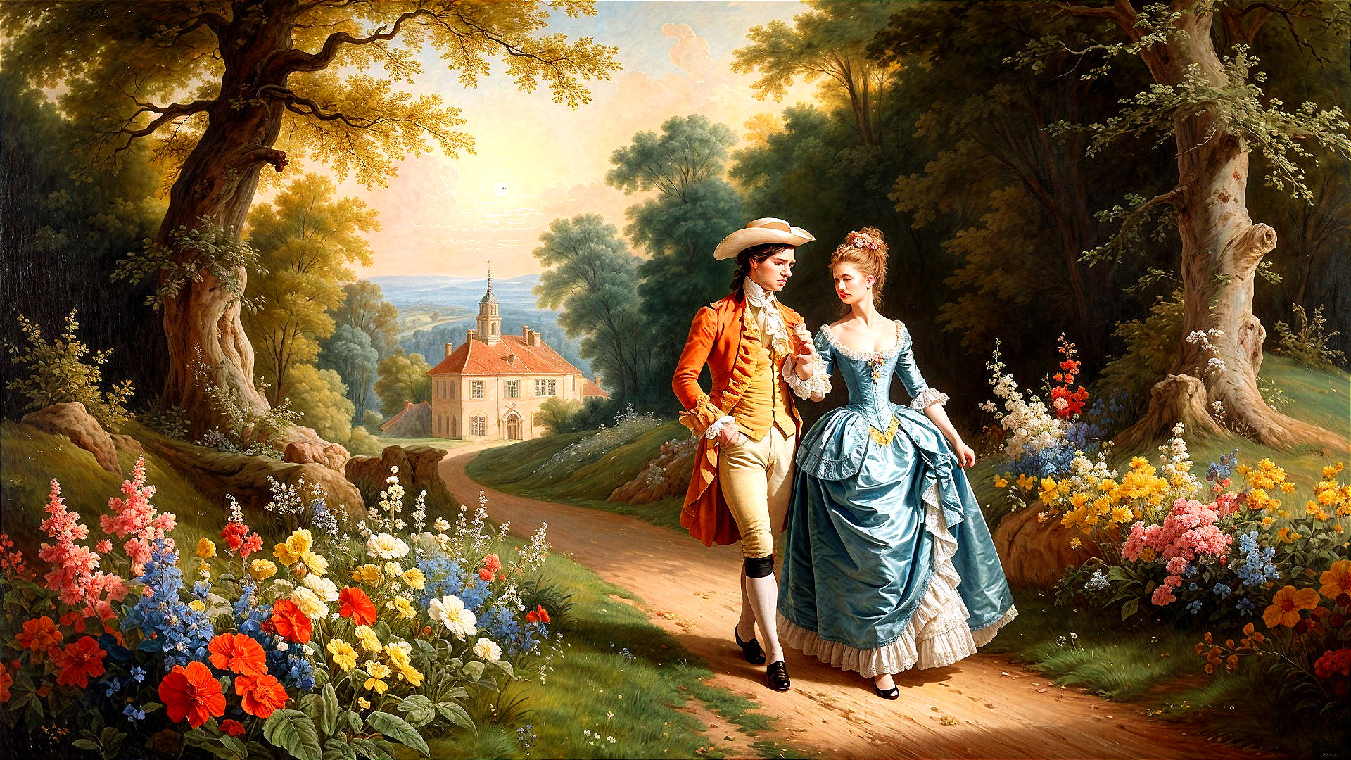 Couple Walking on Scenic Path with Blooming Flowers