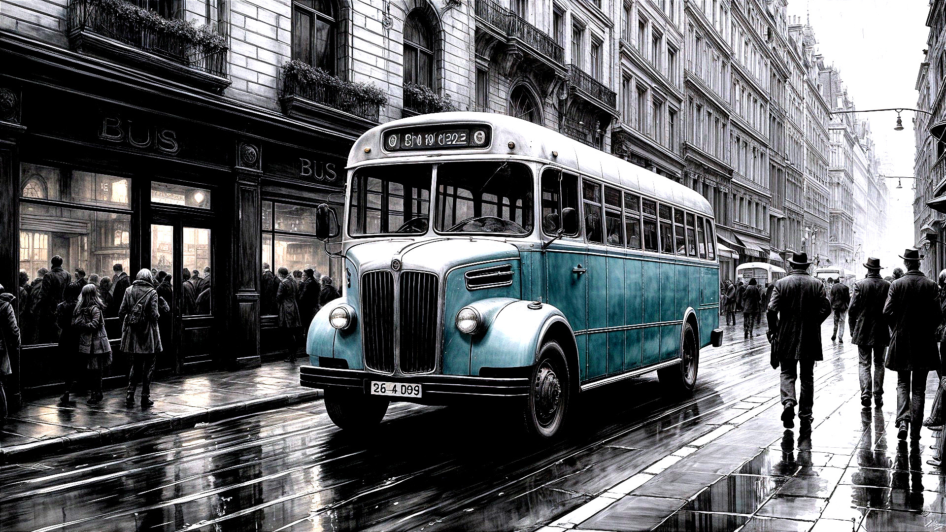 Vintage Blue and White Bus on Rainy City Street
