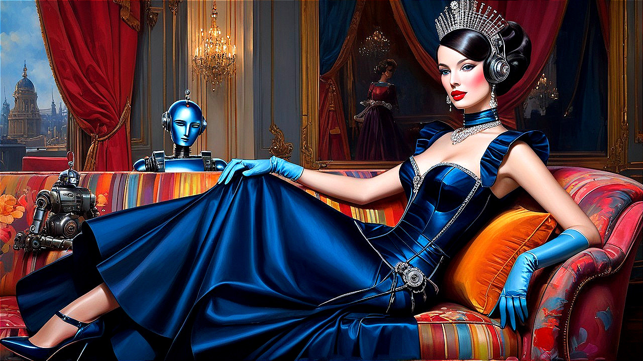 Glamorous Woman in Blue Gown on Striped Sofa