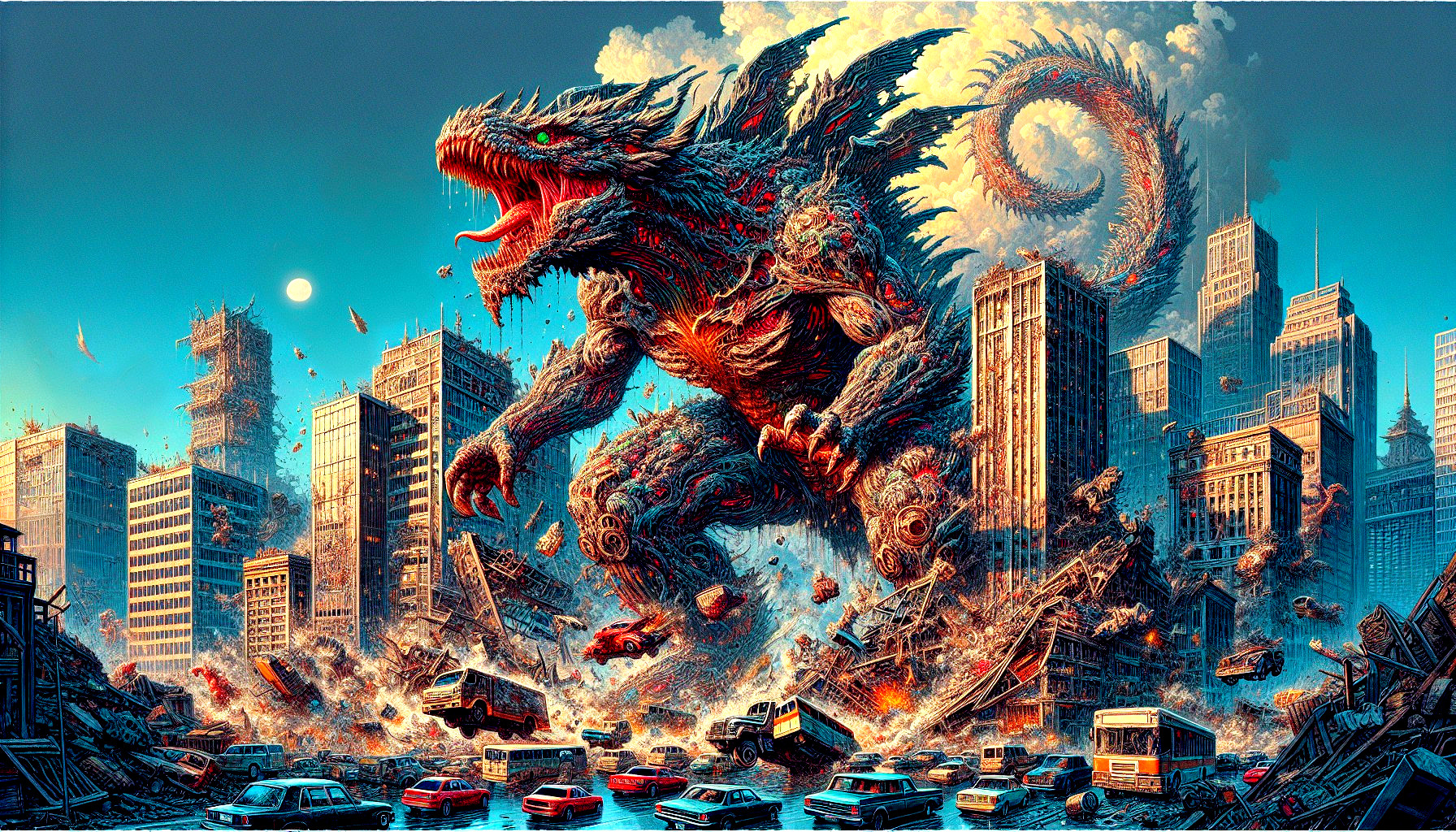 Dragon-like Creature Over Devastated Urban Landscape