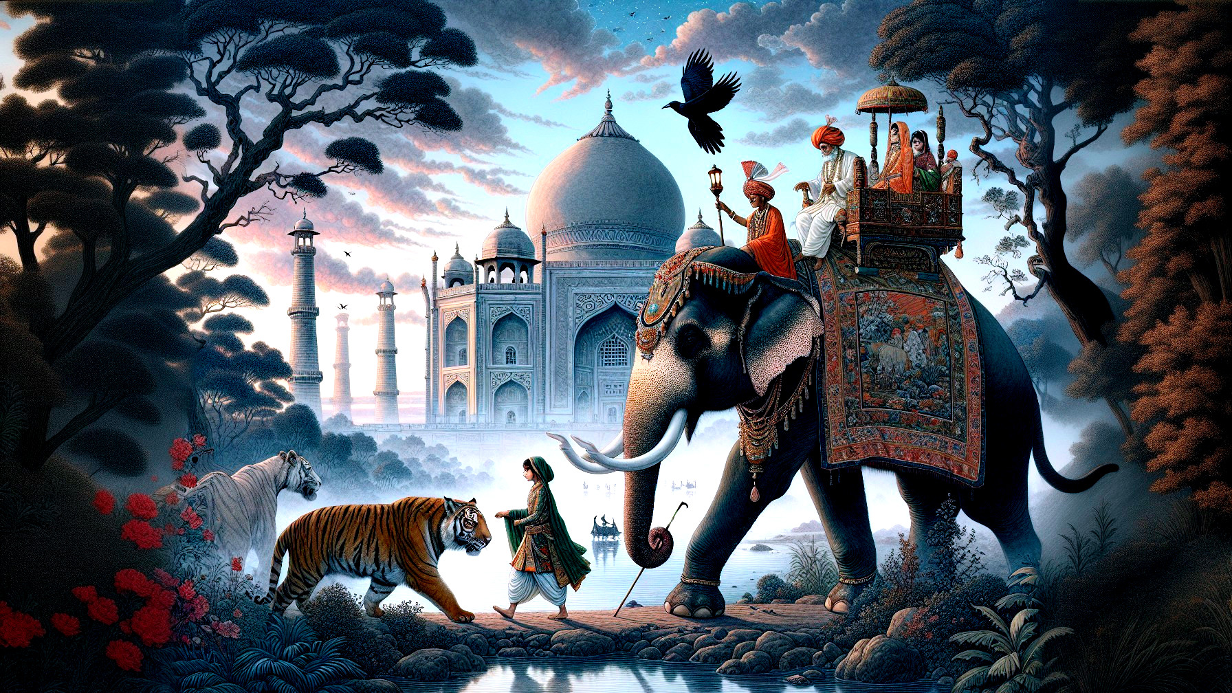 Ornate elephant and tiger near Taj Mahal scene