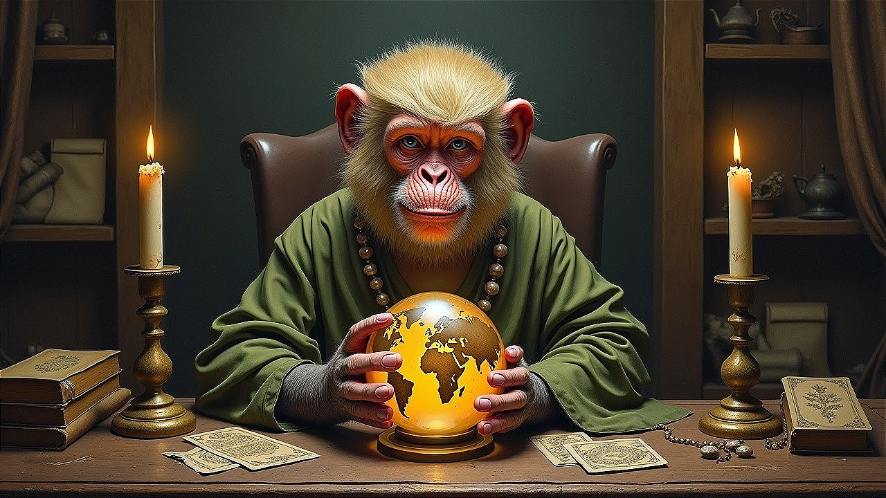 Wise Monkey with Globe at Wooden Desk in Candlelight