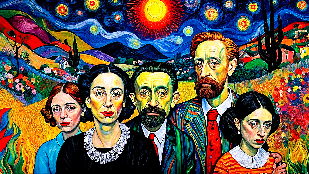 Vibrant Painting of Five Figures in Colorful Landscape