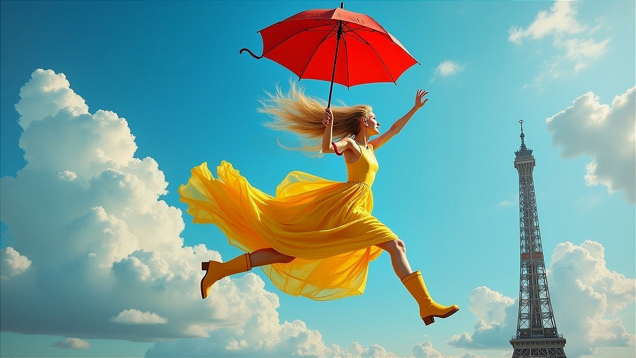 Young woman in yellow dress with red umbrella at Eiffel Tower