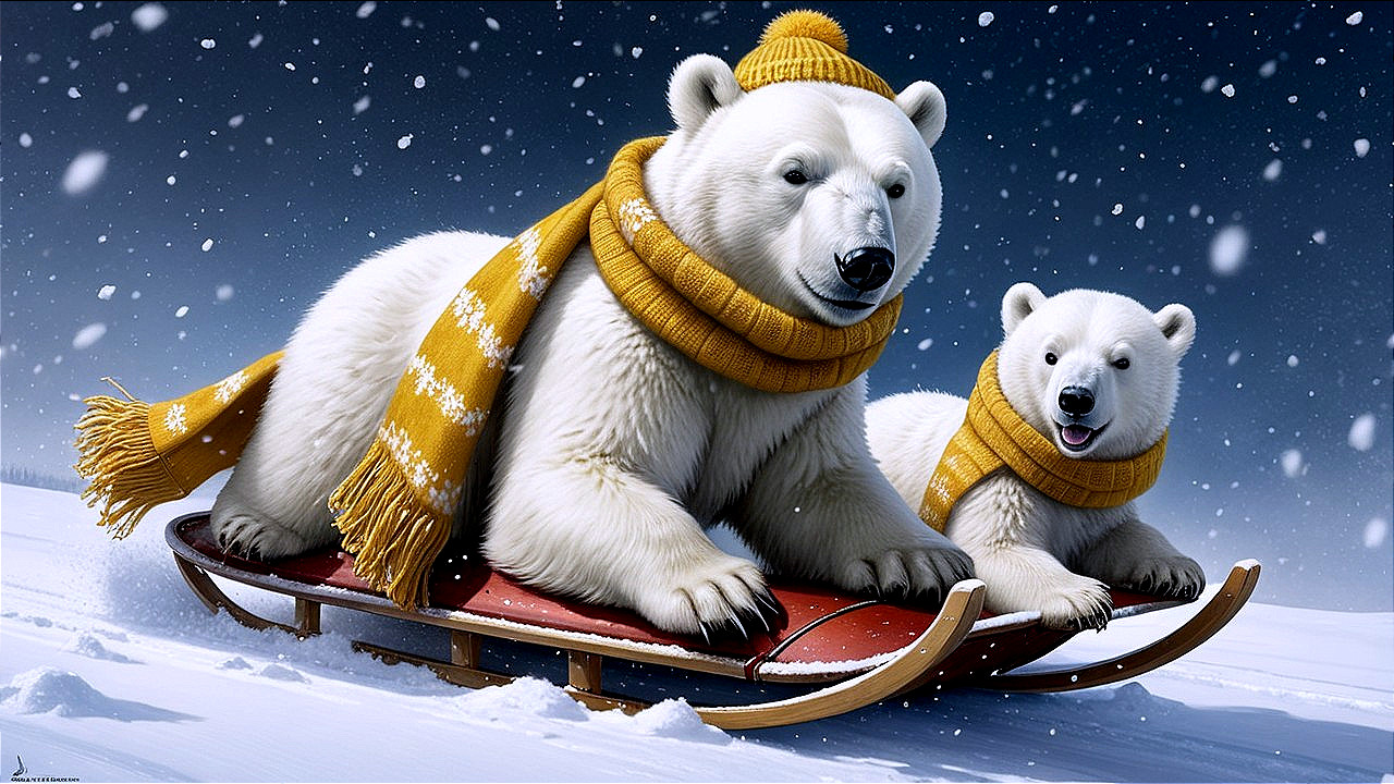 Polar Bears in Yellow Scarves Riding a Sled in Snow