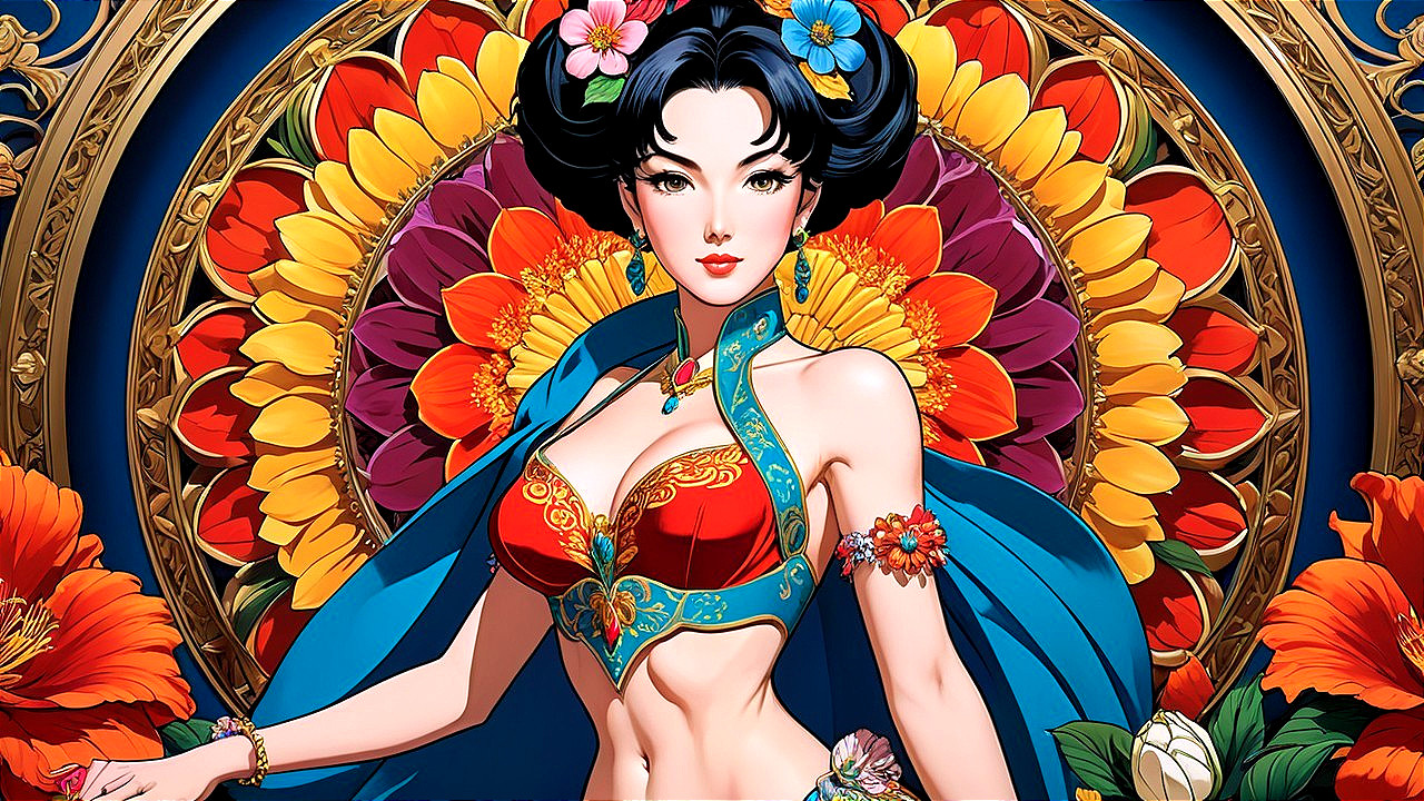 Vibrant Female Figure in Ornate Floral Costume