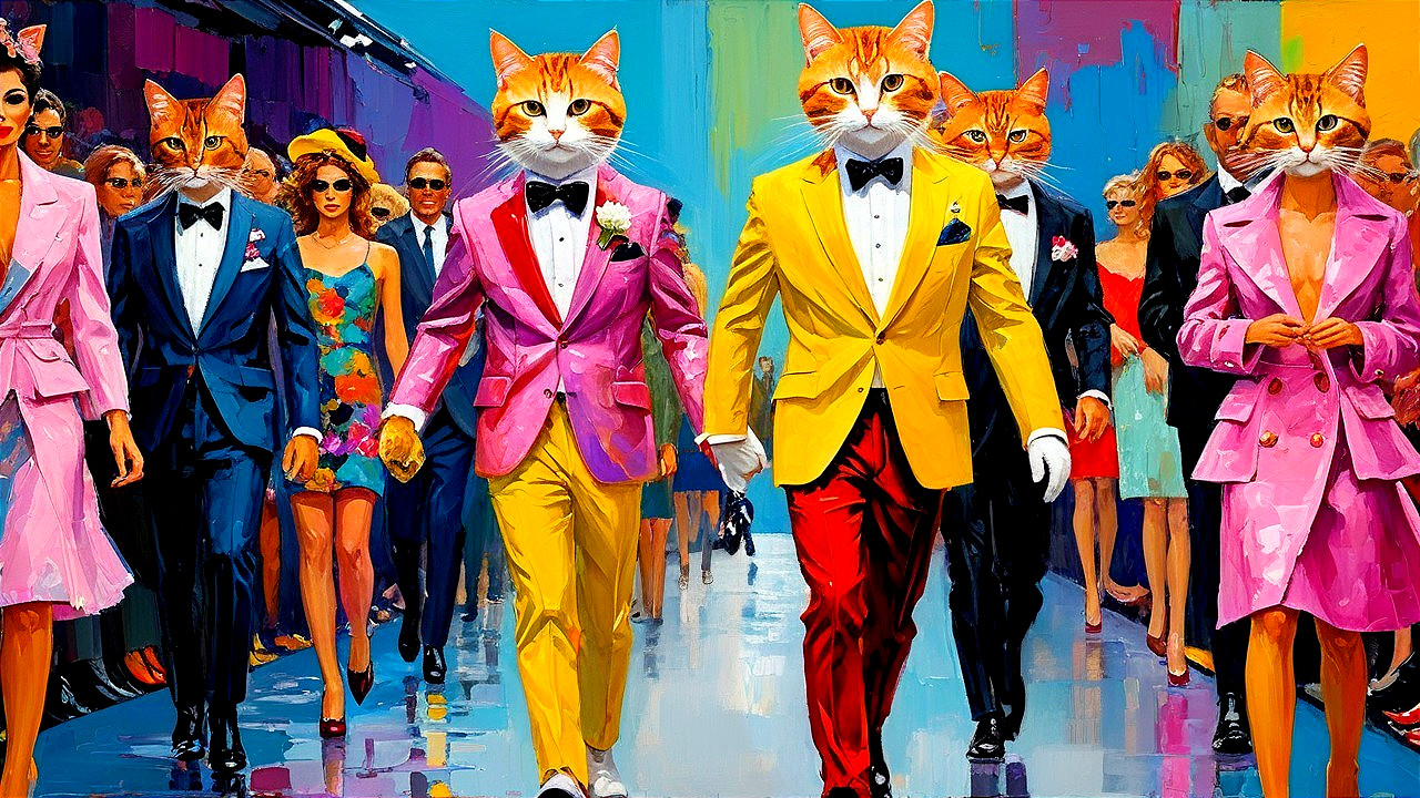 Surreal Fashion Show with Cat-Headed Models