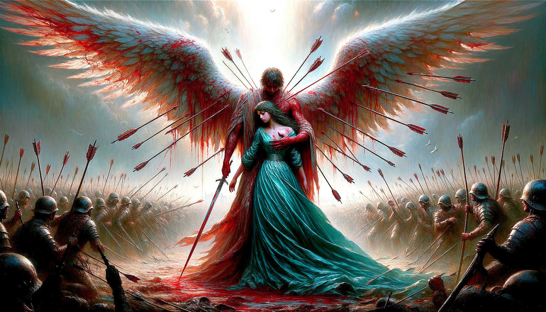 Angel with Blood-Stained Wings Protects Woman in Green Dress