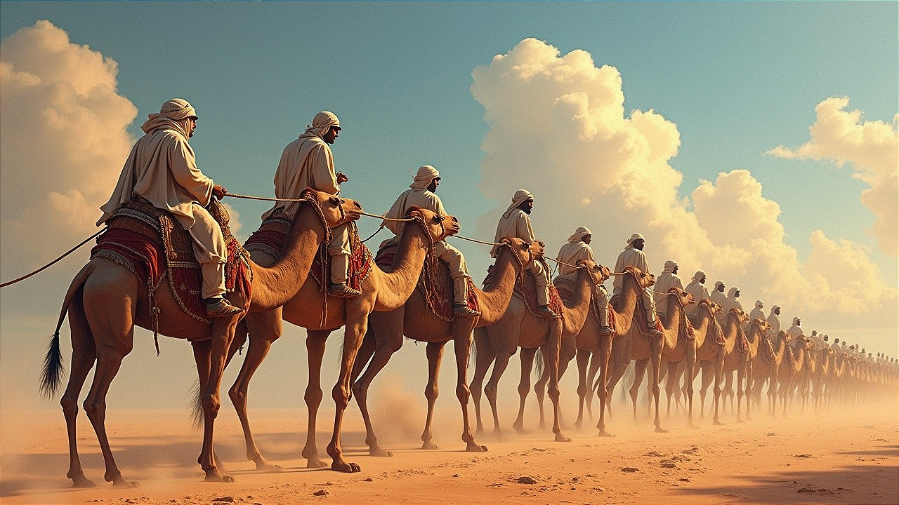 Camels Journeying Across a Vast Desert Landscape