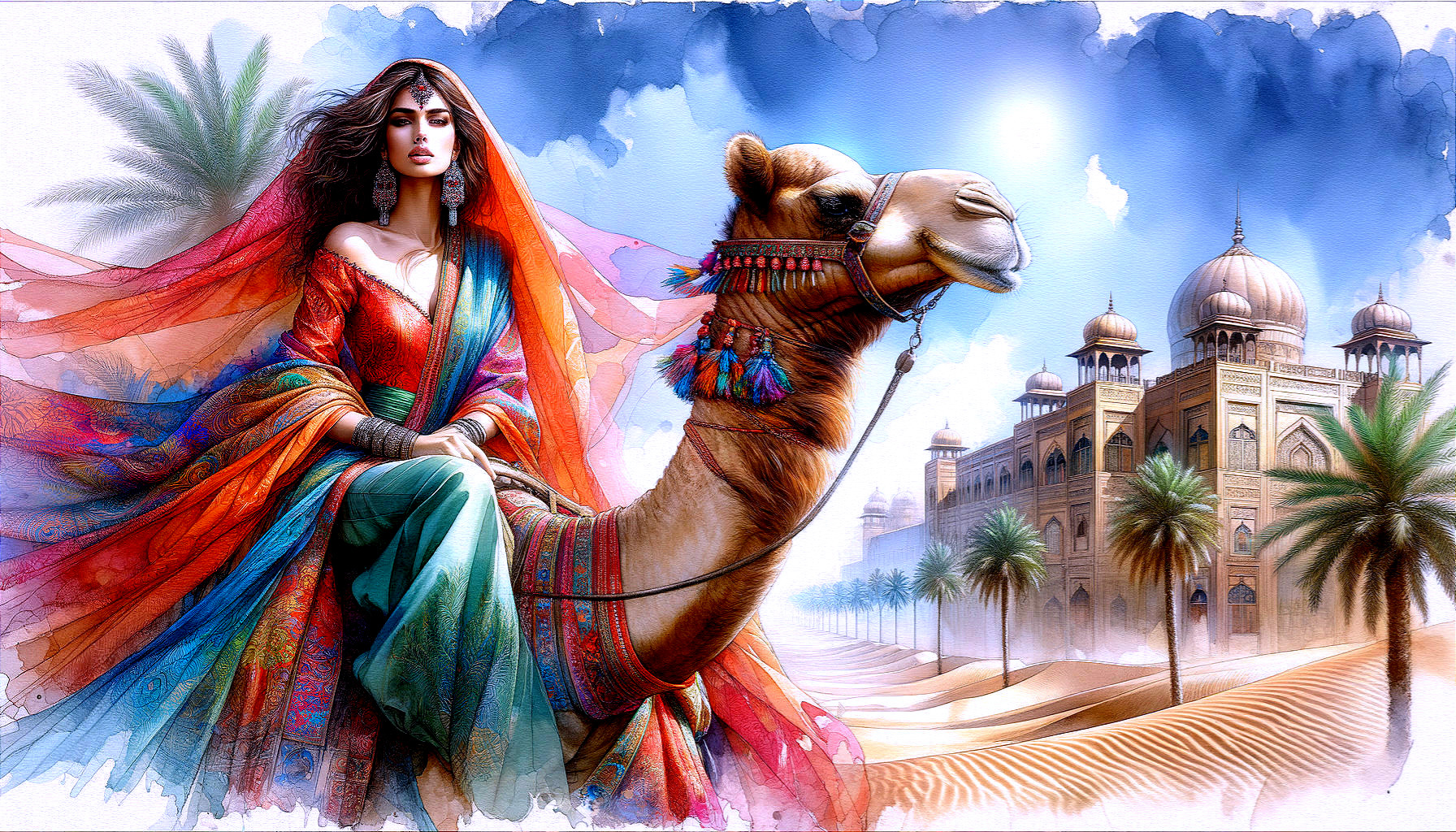 Woman in Traditional Attire on Decorated Camel in Desert