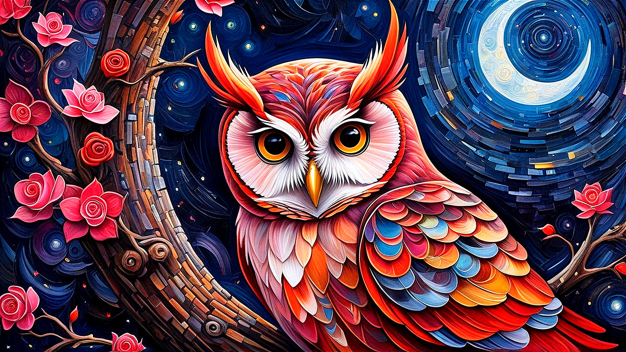 Colorful Owl on Branch with Flowers and Night Sky