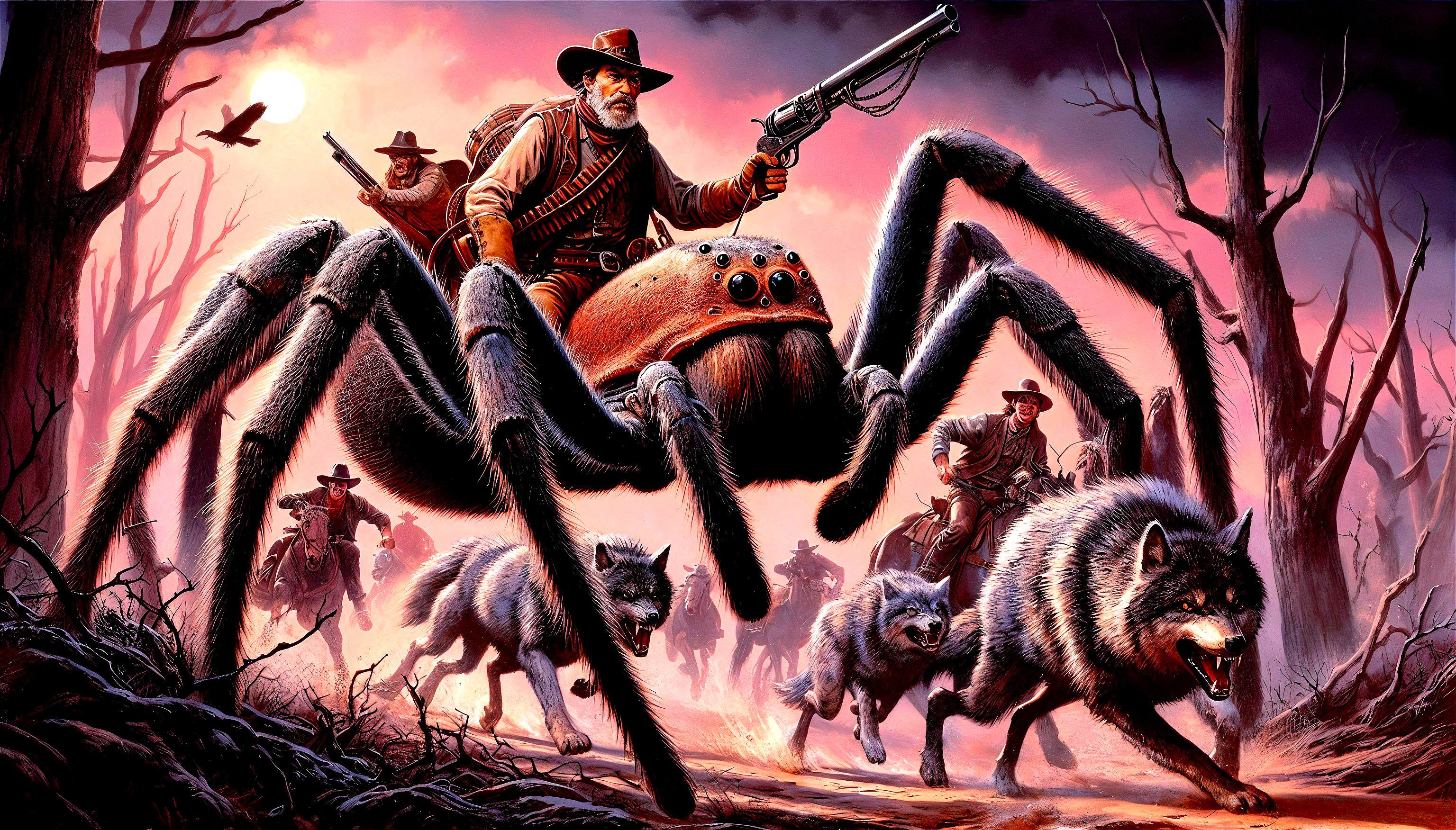 Cowboy Riding Spider with Wolves in Twilight Scene