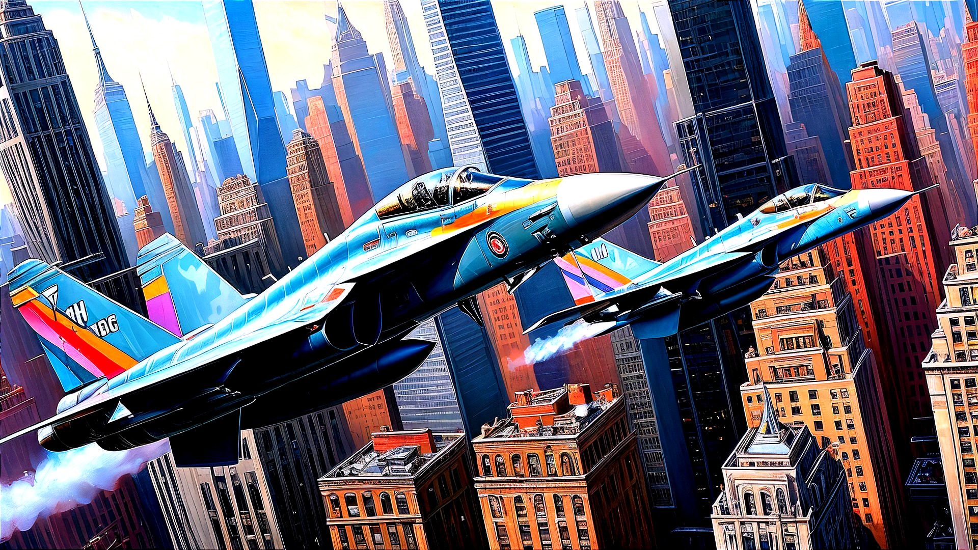 Fighter Jets Over City Skyline with Vibrant Colors