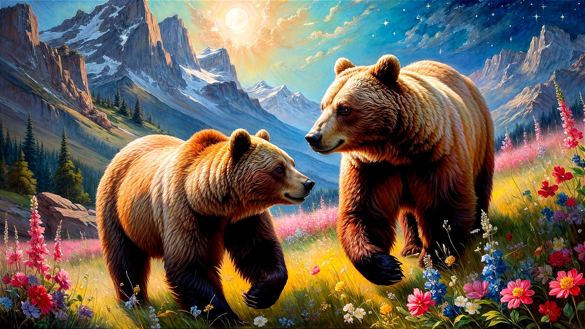 Bears in a Vibrant Meadow with Mountains and Stars