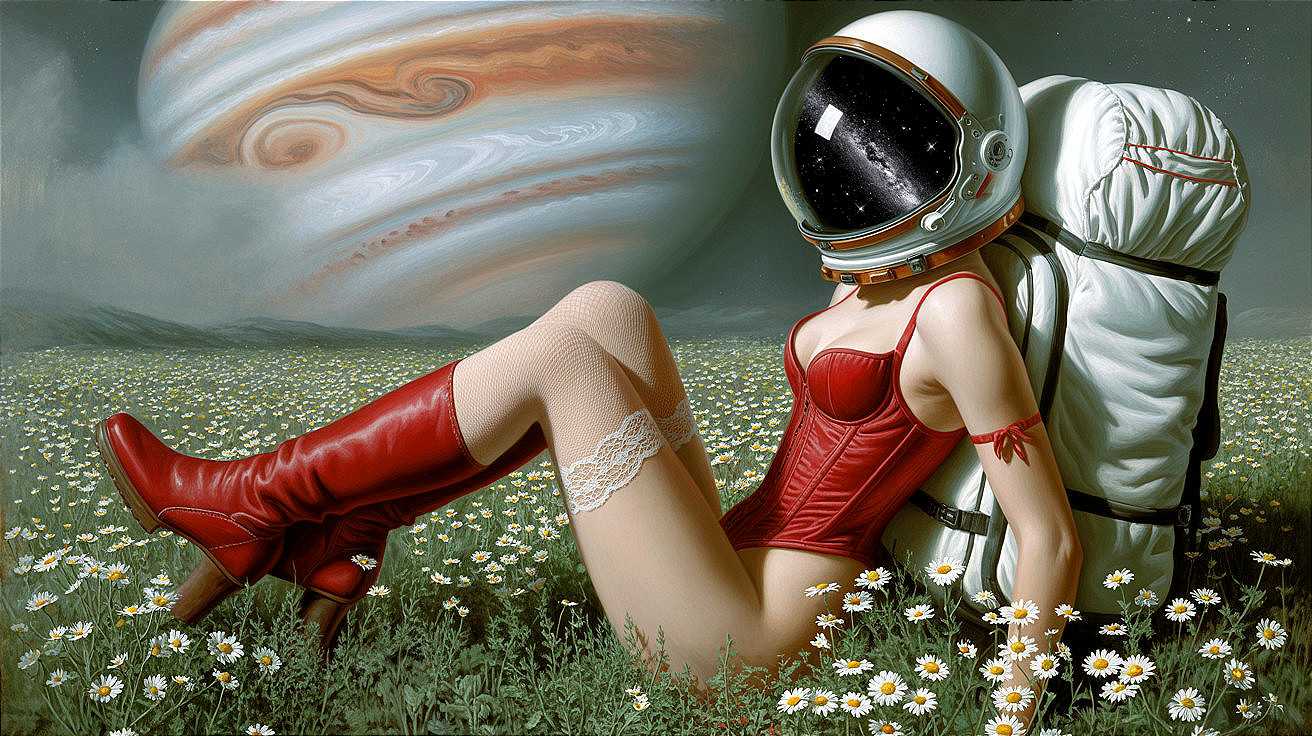 Futuristic figure in red outfit in daisy field with Jupiter