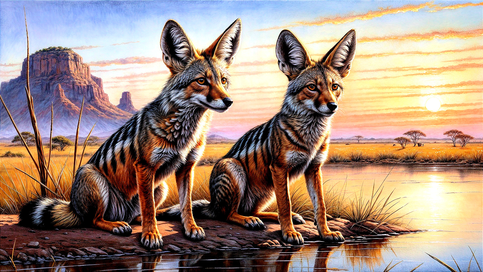 Jackals by Water at Sunset Overlooking Savanna Landscape