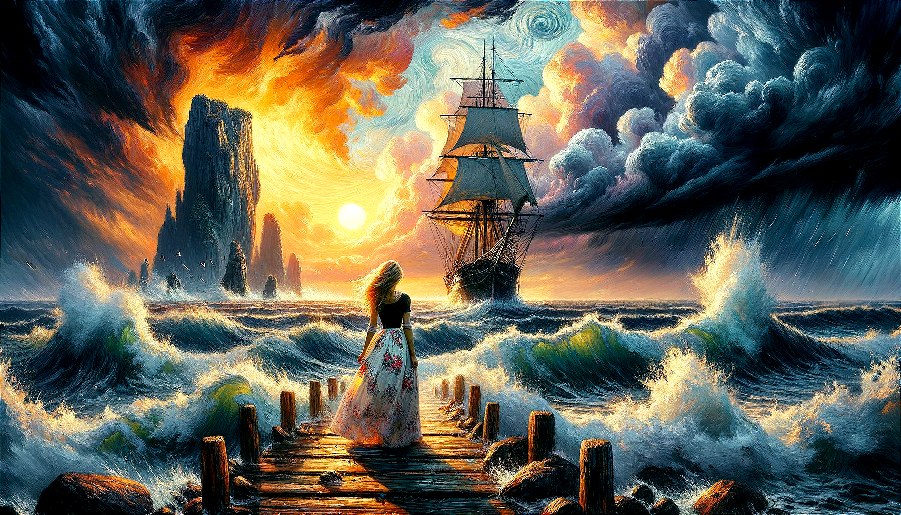 Dramatic Seascape with Woman on Wooden Pier