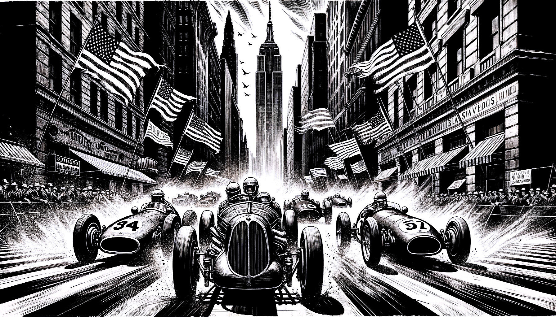 Black-and-white illustration of a vintage car race