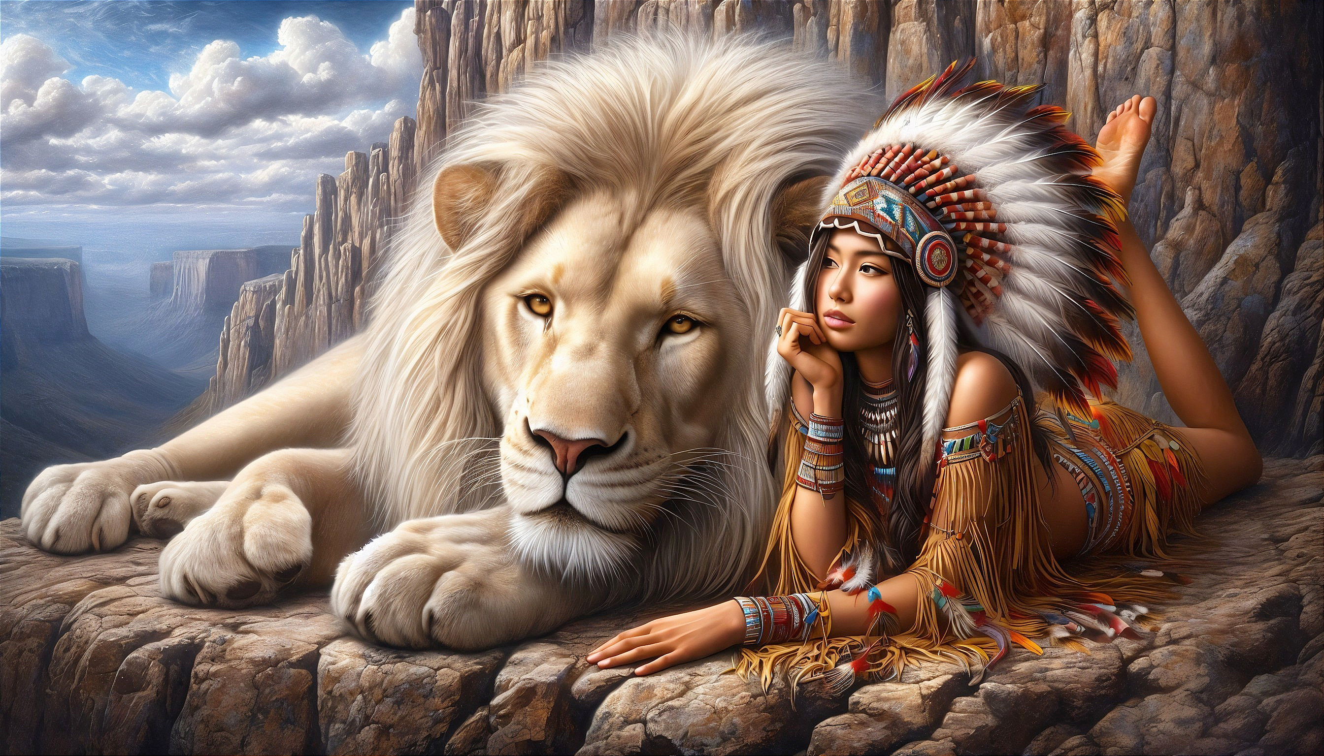 Lion and Woman in Native American Attire in Landscape
