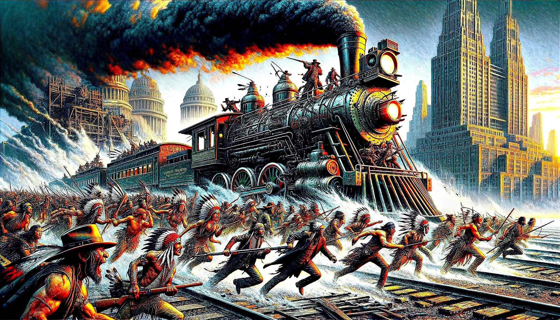 Vintage Steam Locomotive Amidst Tribal Warriors and City