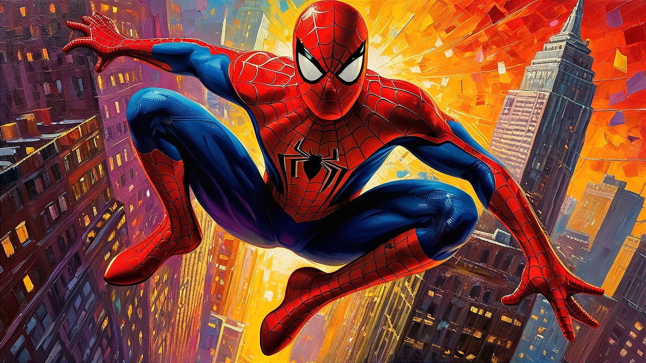 Dynamic Spider-Man in Vibrant Cityscape at Sunset