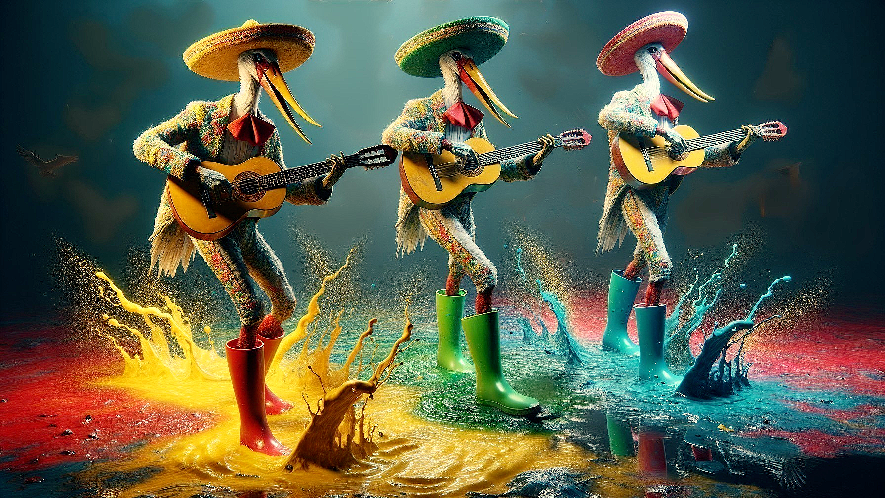 Colorful Bird-Like Characters Playing Guitars in Paint