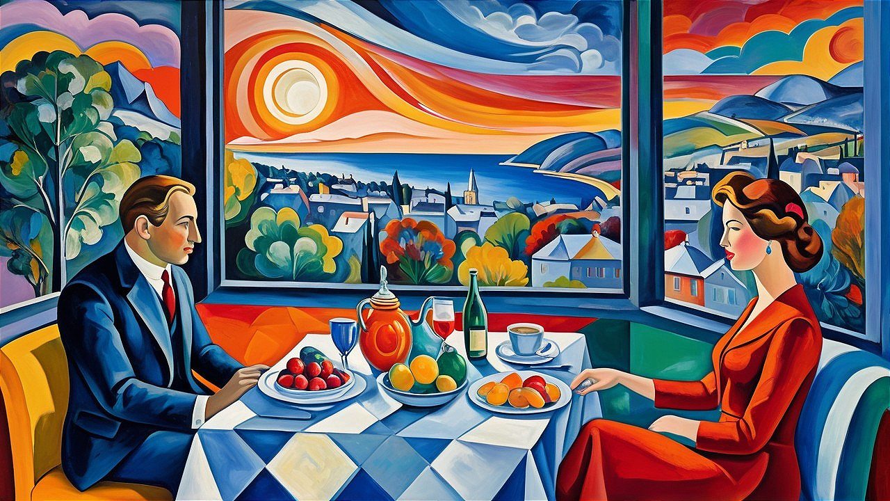 Couple Dining by Window with Sunset Coastal View