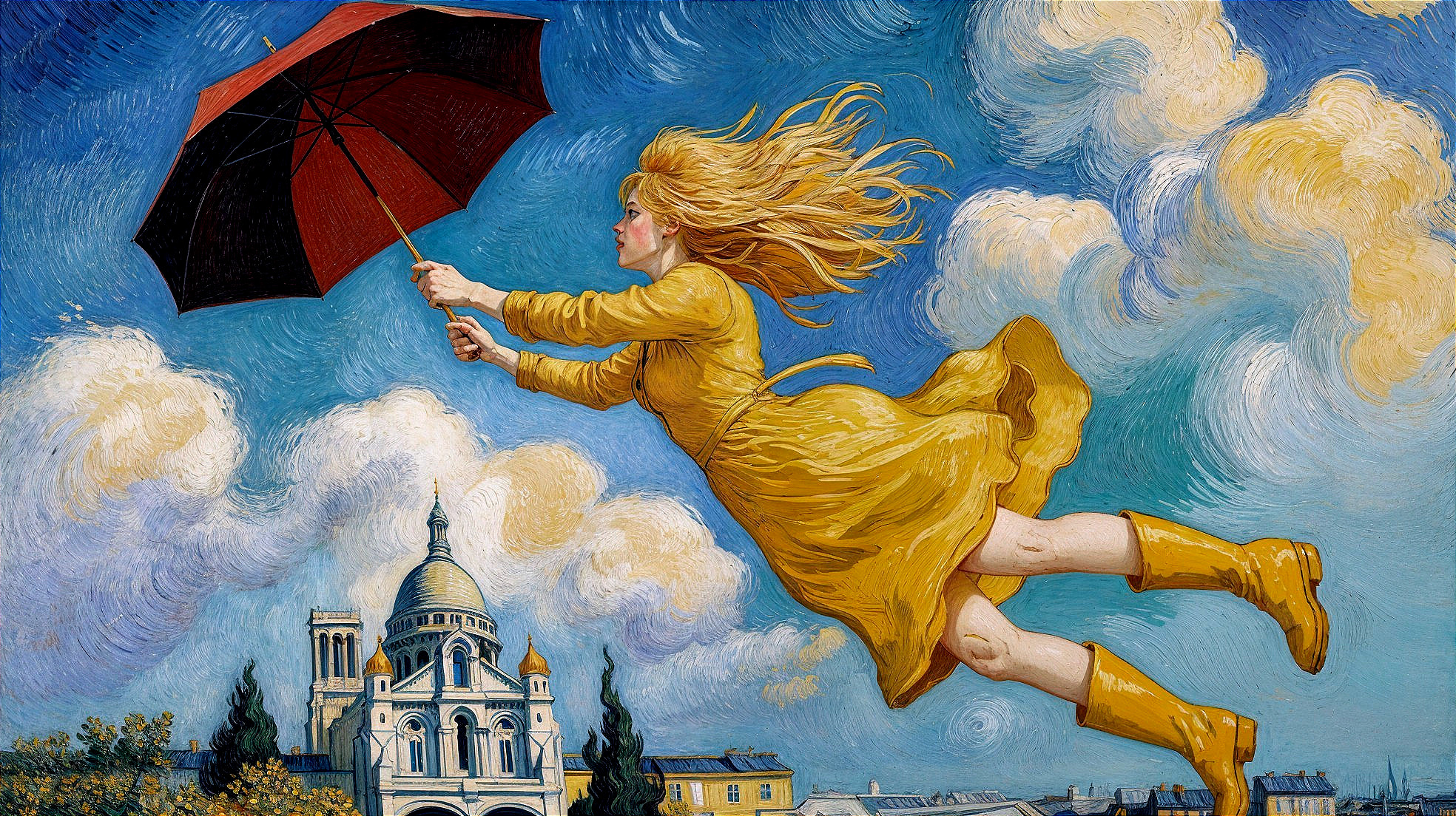 Whimsical Scene of a Woman Soaring in a Colorful Sky