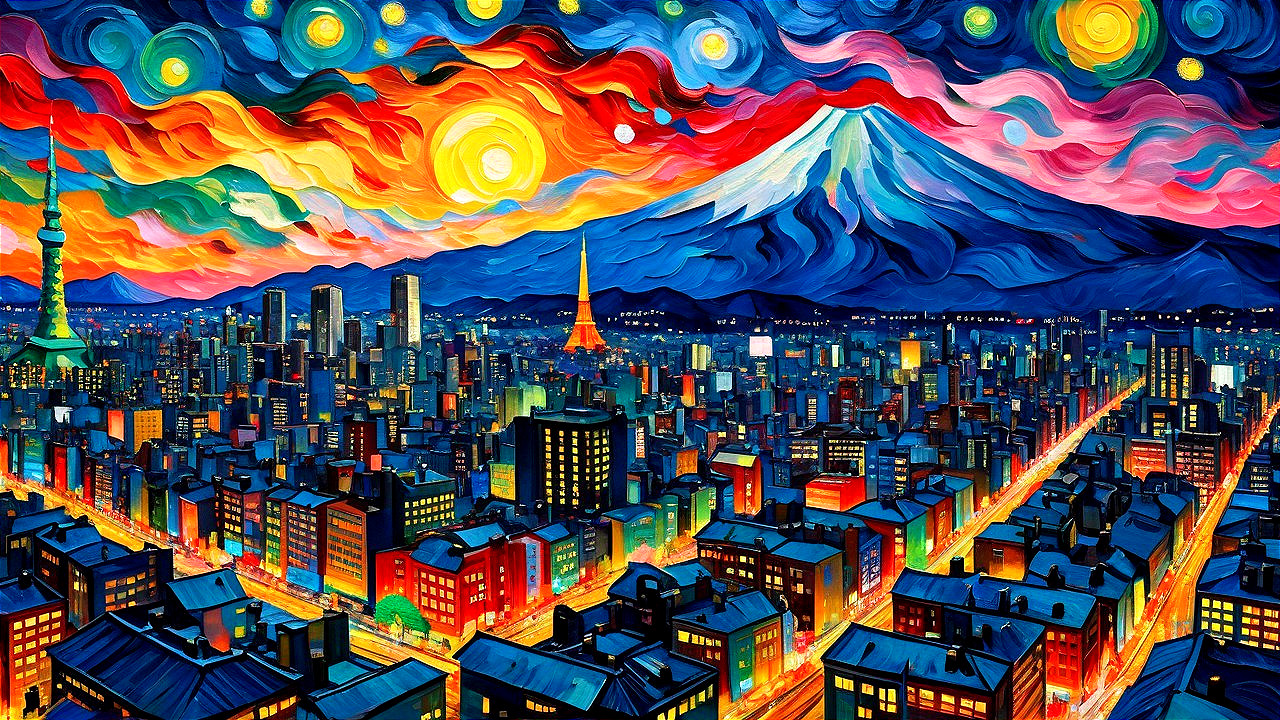 Vibrant cityscape at dusk with Mount Fuji backdrop