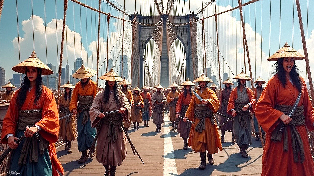 Warriors in Traditional Attire on Brooklyn Bridge