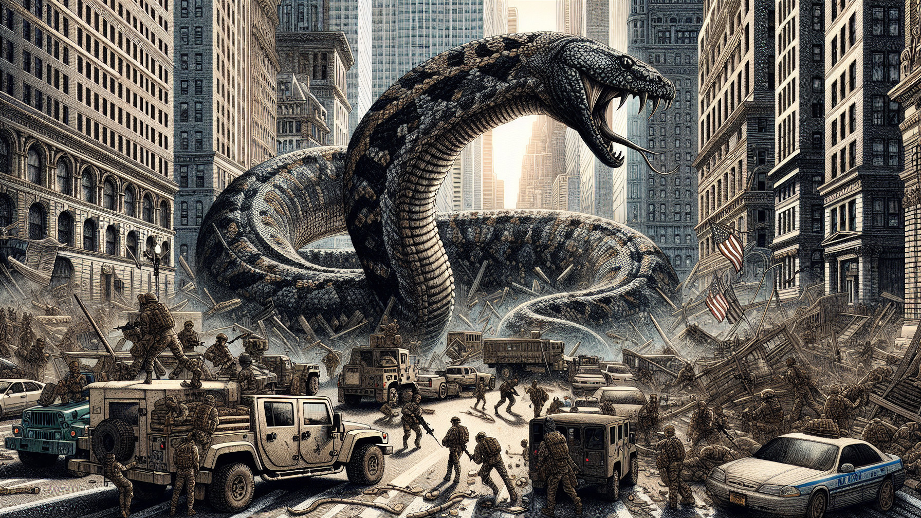 Giant Snake Roars Over Chaotic Cityscape with Debris