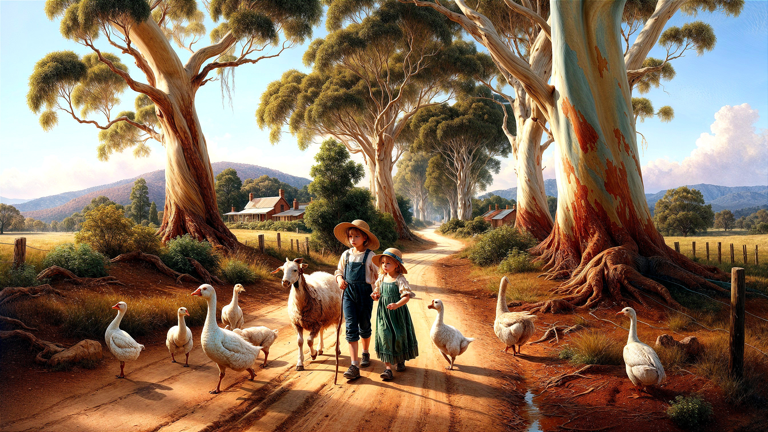 Children Walking on a Dusty Path in Countryside