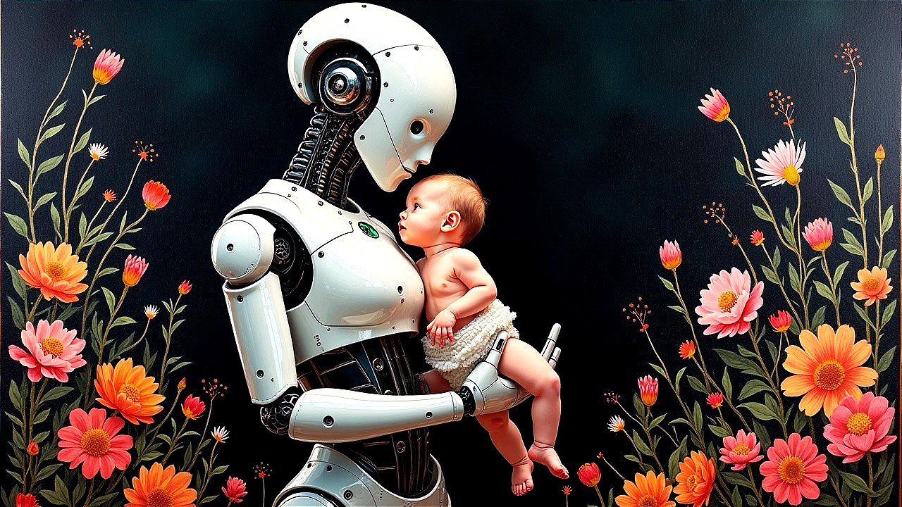 Futuristic Robot Holding Baby Amidst Vibrant Flowers