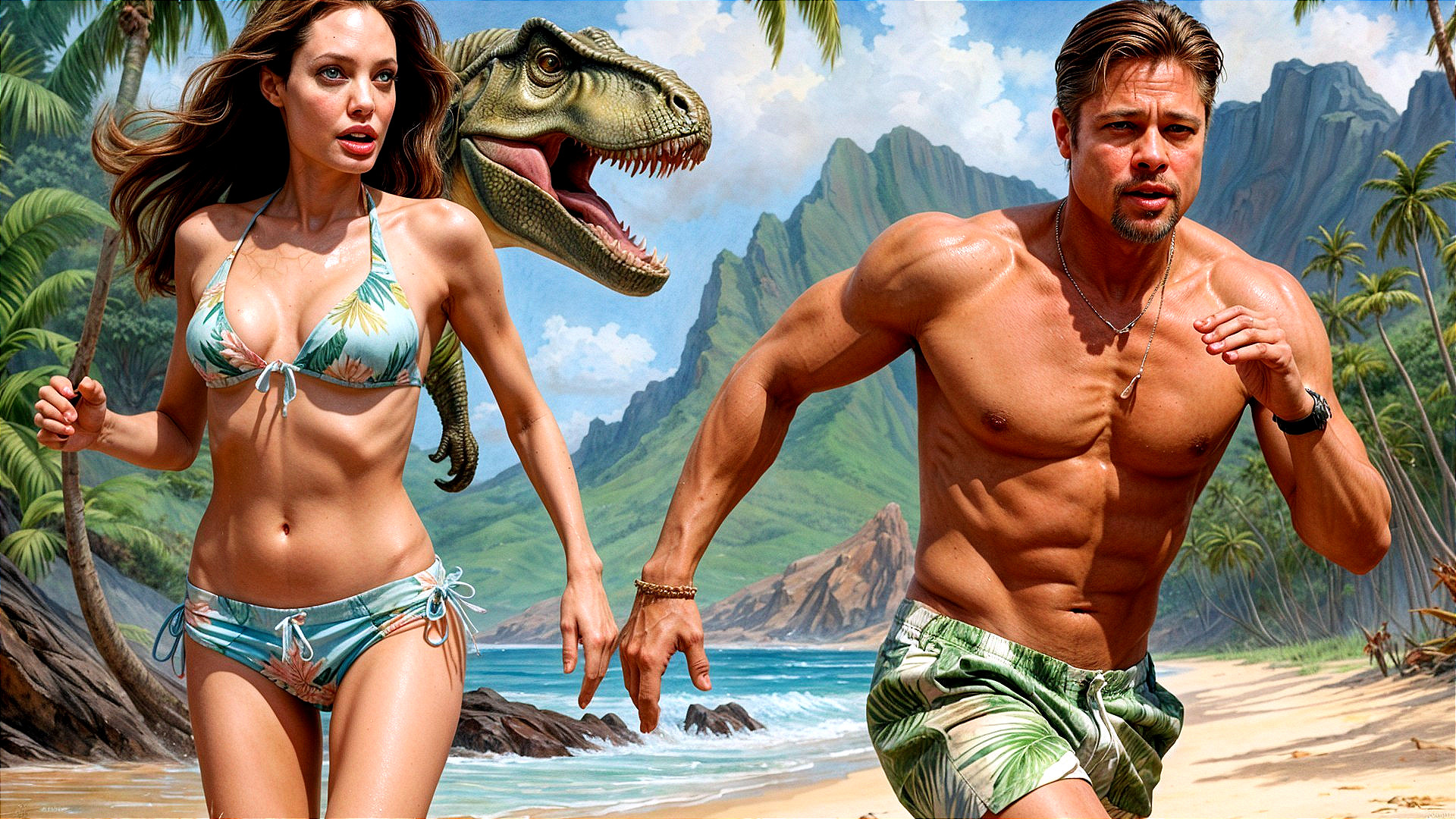 Beach Scene with Swimmers and Emerging Dinosaur