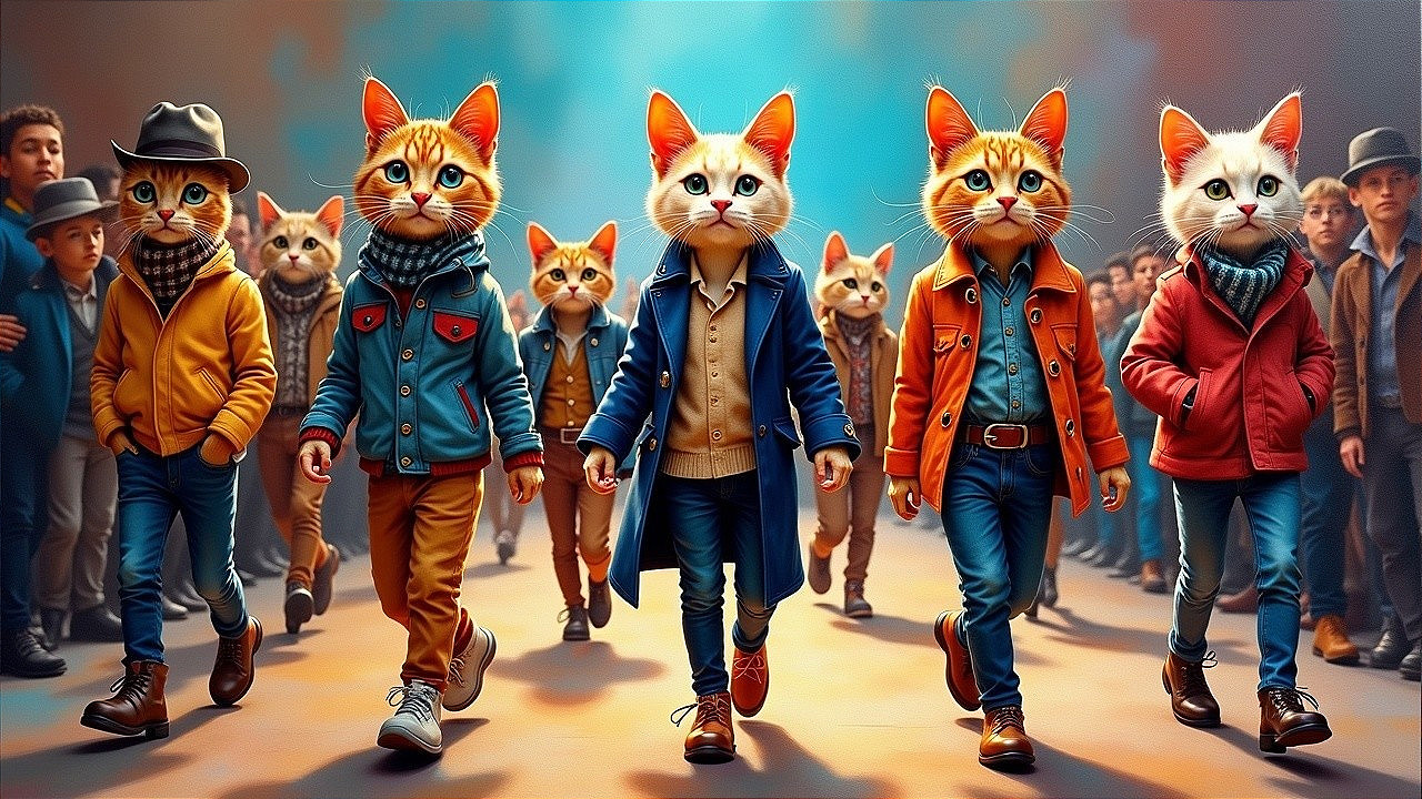 Anthropomorphic cats in stylish outfits in vibrant scene