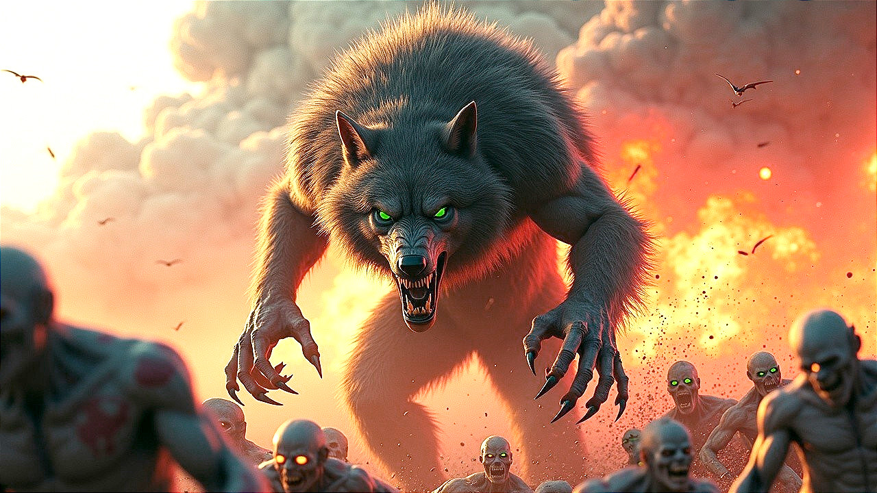Menacing wolf creature with glowing eyes and pale figures