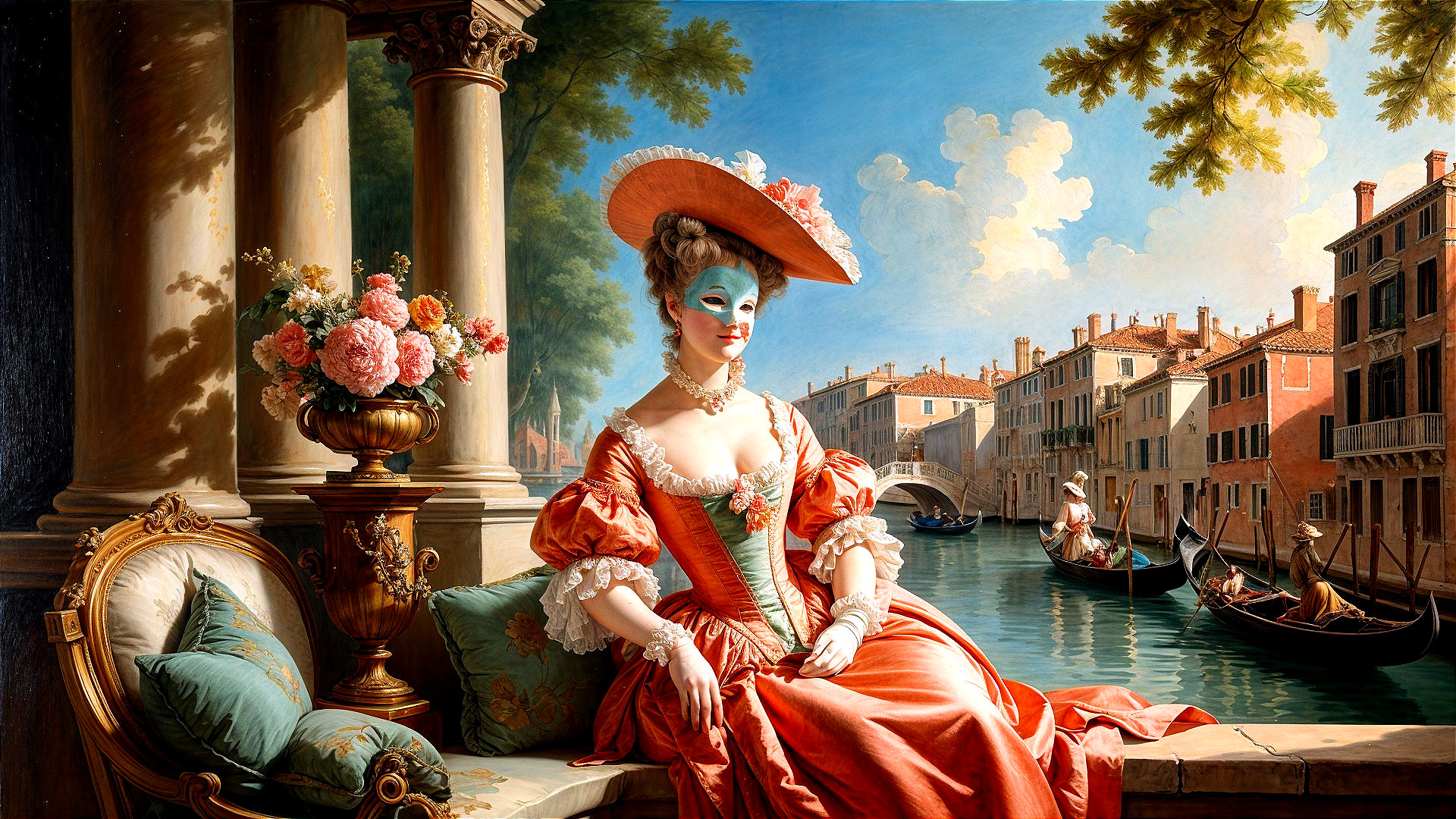 Regal Figure in Coral Gown by Venetian Canal