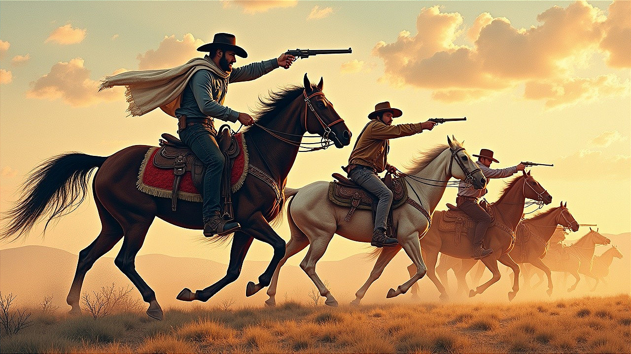 Cowboys Riding at Sunset in Western Landscape