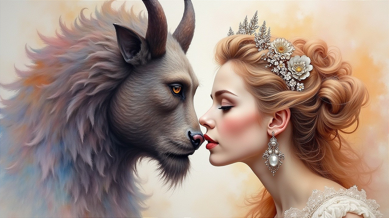 Woman with Blonde Hair and Mythical Goat Creature