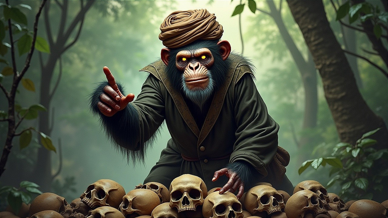 Chimpanzee in Turban Among Skulls in Jungle Setting