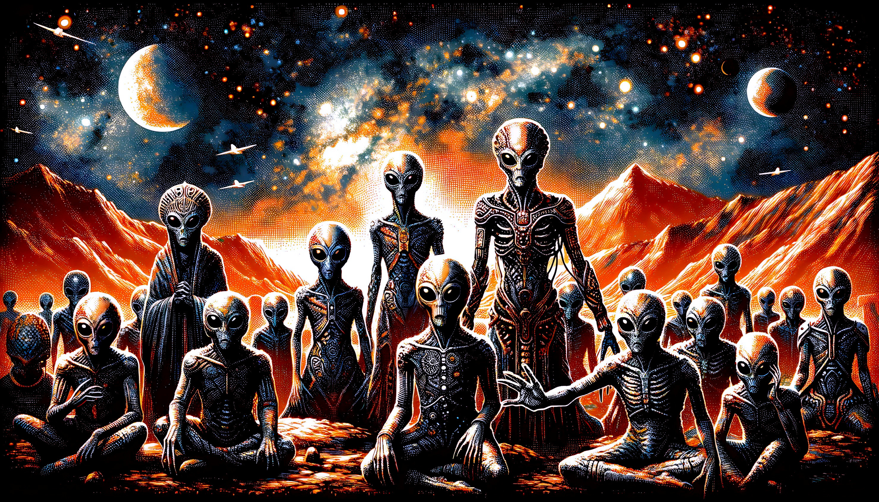 Gathering of Diverse Alien Beings in Cosmic Landscape