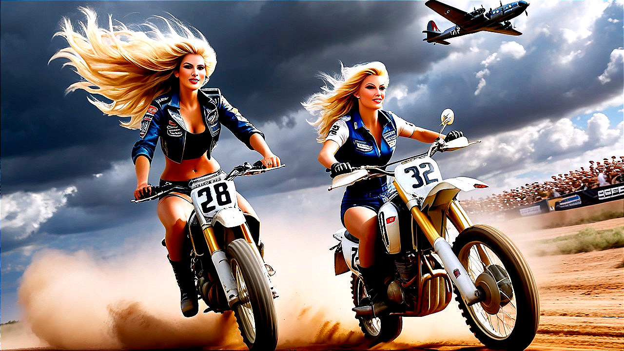 Female Riders Racing on Dirt Track with Stormy Sky