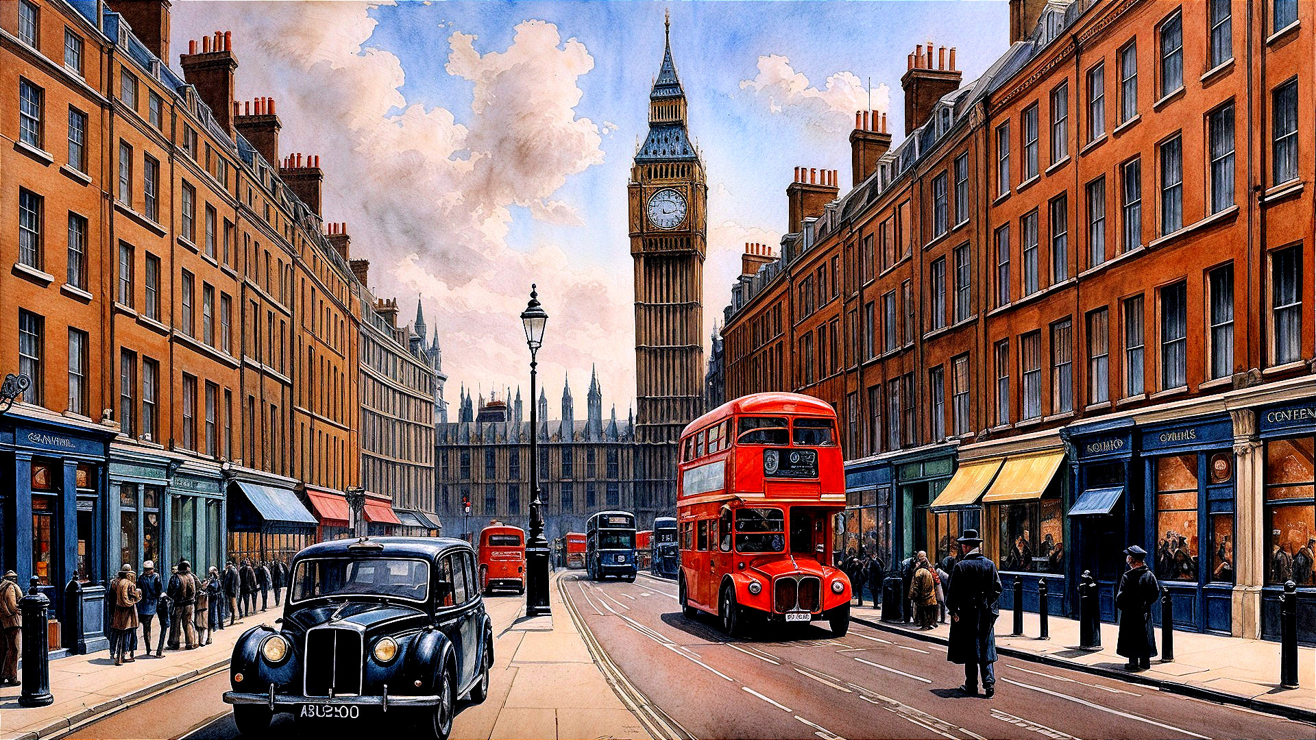 London Street Scene with Buses, Taxis, and Big Ben