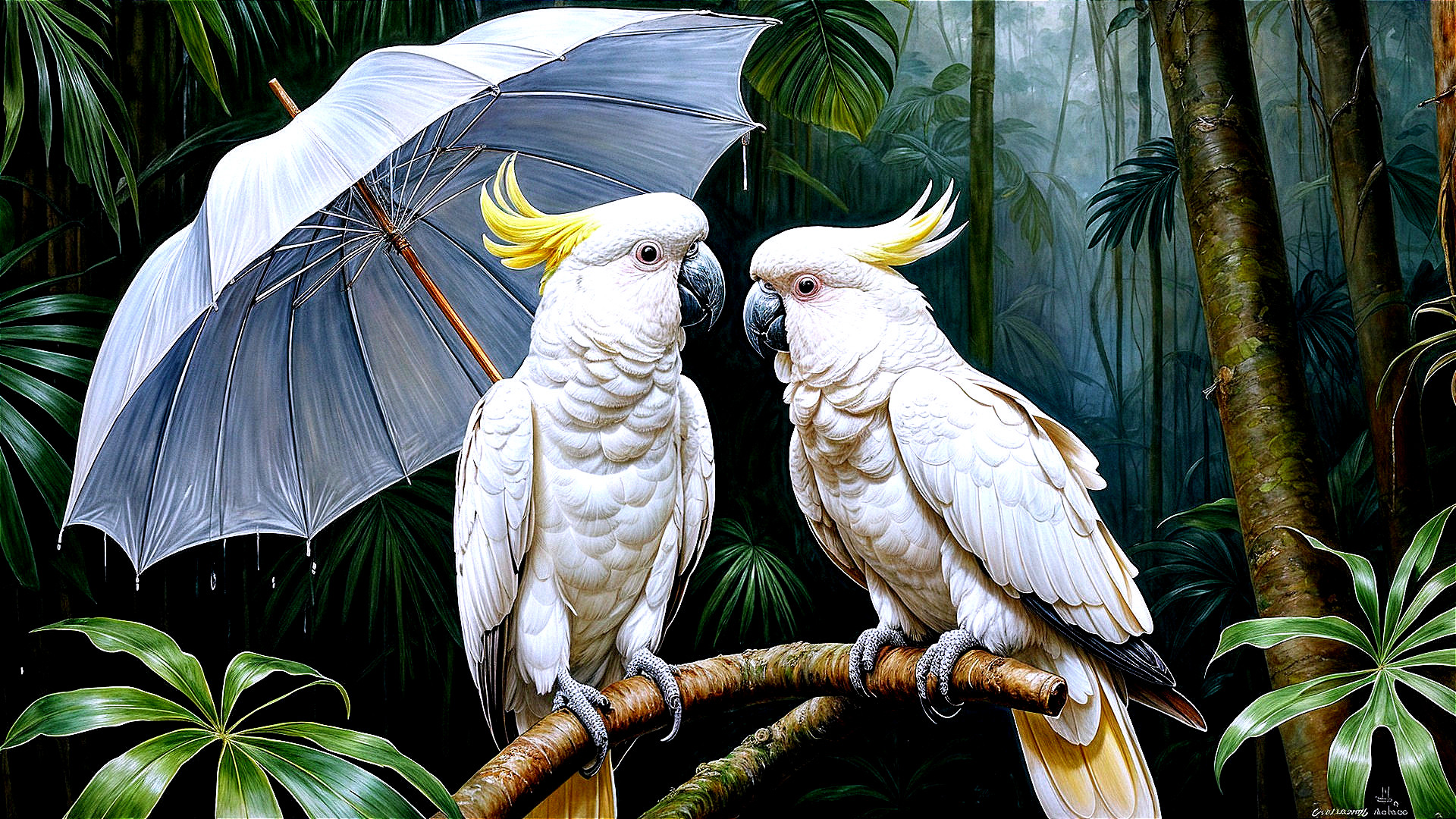 White Cockatoos Under Umbrella in Lush Jungle Setting
