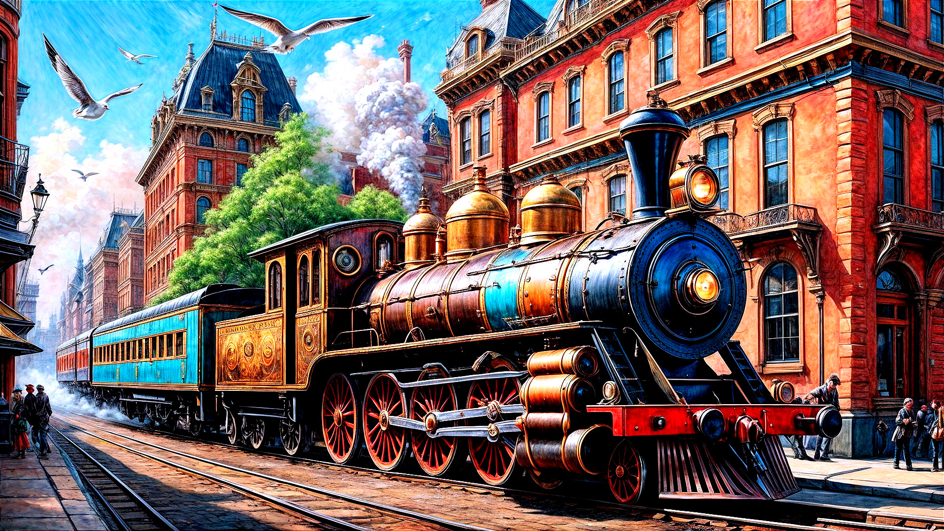 Vintage steam locomotive in a bustling city scene