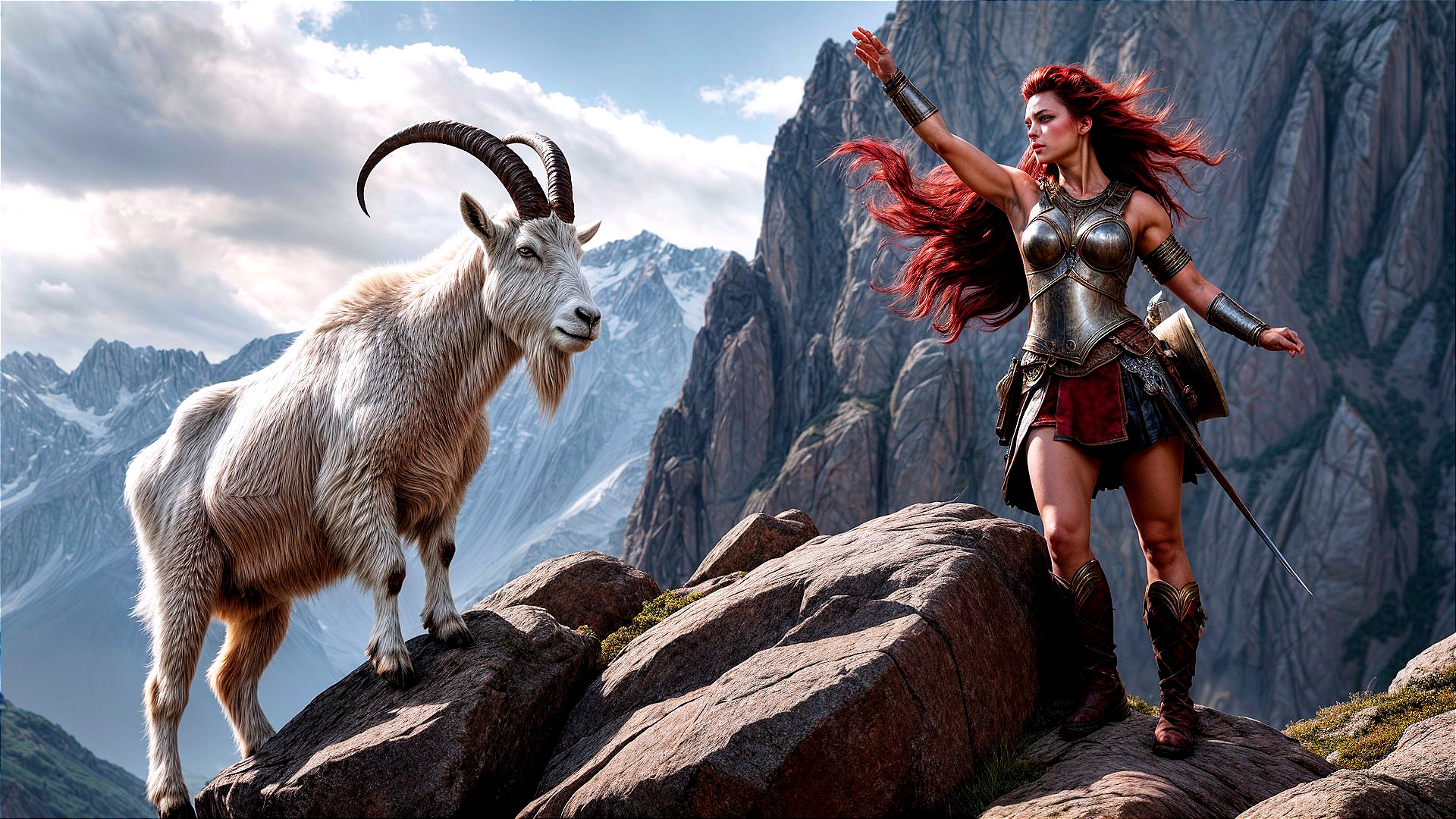 Warrior Woman in Mountain Landscape with Goat
