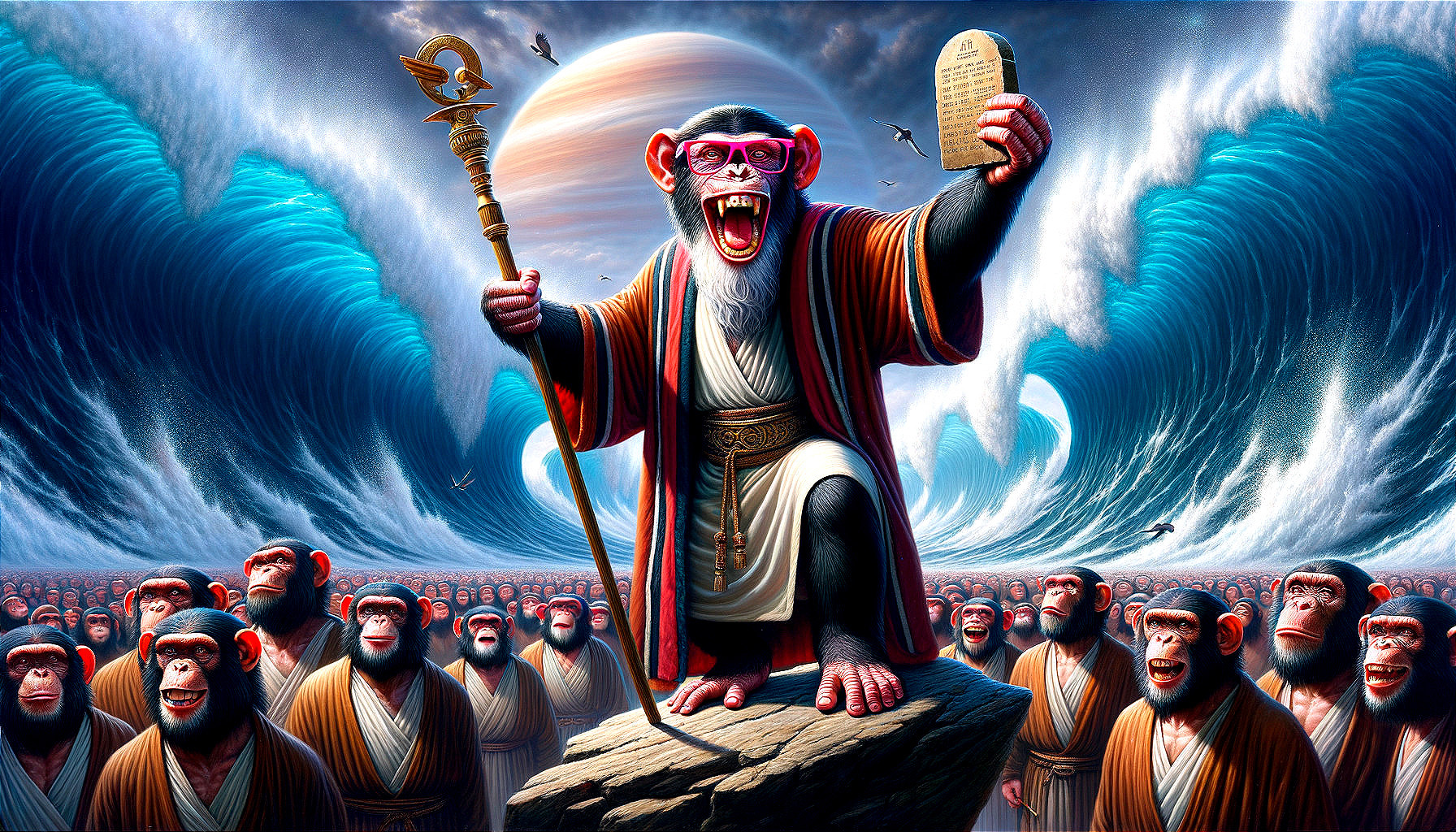 Charismatic Monkey Leader Amidst Cosmic Crowd