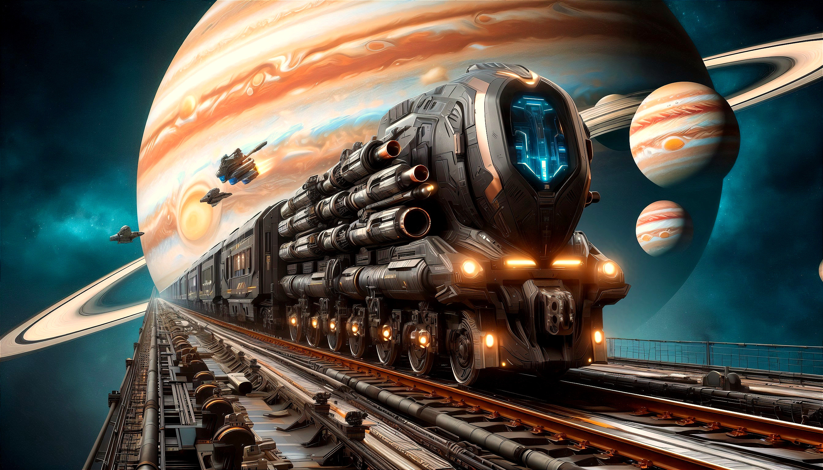 Futuristic train traveling through space near Jupiter