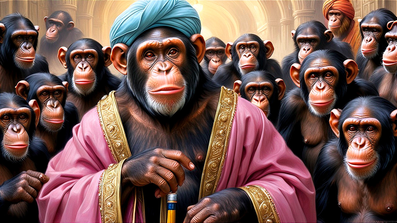 Regal Chimpanzee in Lavish Robe and Turban Setting